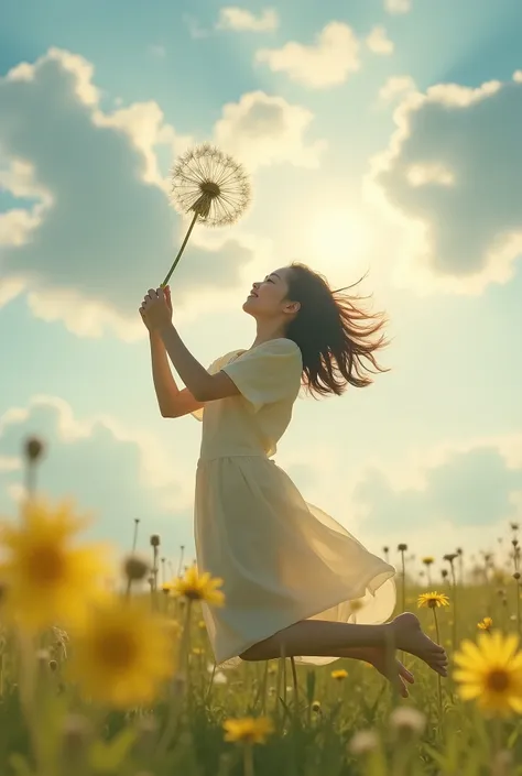 Realistic photo, ultra-realistic, detailed, high quality, high resolution, captivating. A 20-year-old cute Japanese beauty happily swims in the air, holding a dandelion fluff twice the size of her body in her hands. The cinematic light of the sun peeking t...