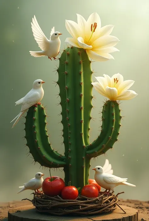  I want a joint composition of a cactus and these elements embedded in the : an lily flower , apple , Crown of Thorns and Doves