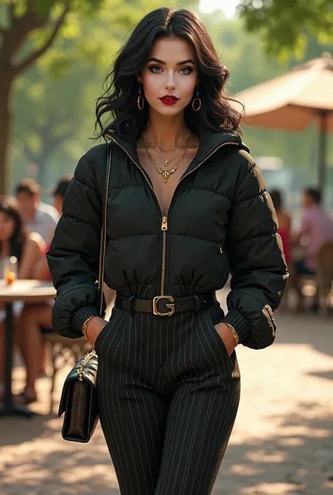 Full body beautiful white hourglass body shape woman, 57" tall, medium wavy black hair, deep green round eyes, wide thighs, wearing zipped up black nylon quilted regular jacket with golden frontal zipper, black pinstripe wide leg bell bottom belted pants, ...