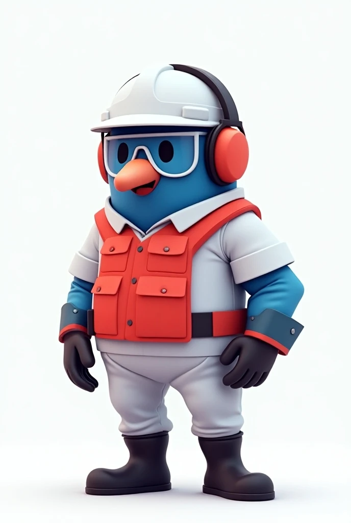 Create an occupational safety mascot in the shape of a red and blue triangle using basic PPE, such as a helmet, safety glasses and noise dampener, safety shoes, white clothing. 
