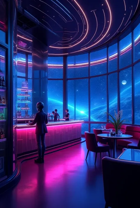    FUTURISTIC SURREAL SPACE CABIN BAR VIBRANT MAIN TONES OF WINE AND LIGHTS BLUE WITH SOME PURPLE TONES NEON ULTRA MODERN METAL BAR

 Background Glass Window Outside Space Stardust Artificial Intelligence Complex Clear Digital Technology Delicate Dream Com...