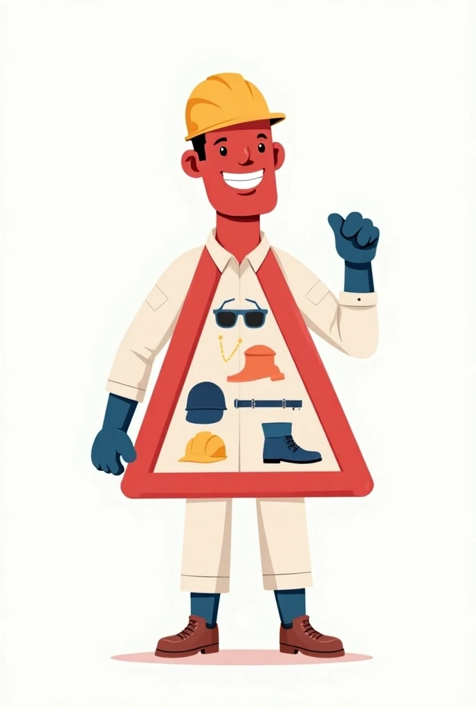 Create a work safety mascot in the shape of a red triangle with a white uniform, blue safety gloves, showing a jewel with personal protective equipment such as glasses, safety shoes, helmet and noise dampener 
