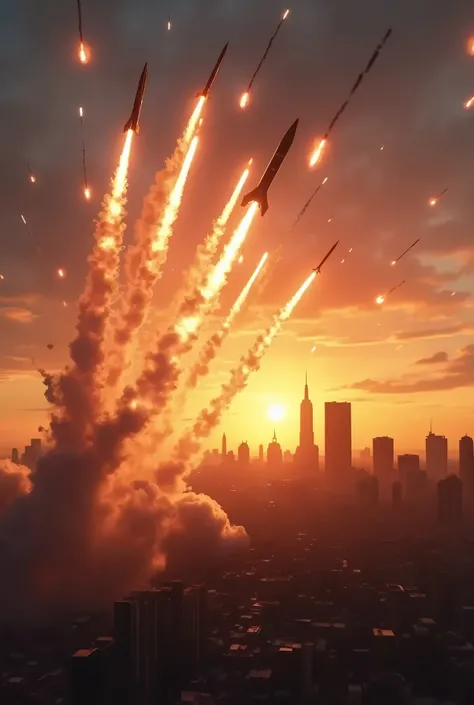  Iron Dome, firing ,sunset,defensive fire , missiles intercepting attack, explosions in the air,Missile rain ,Defending the city,New York City