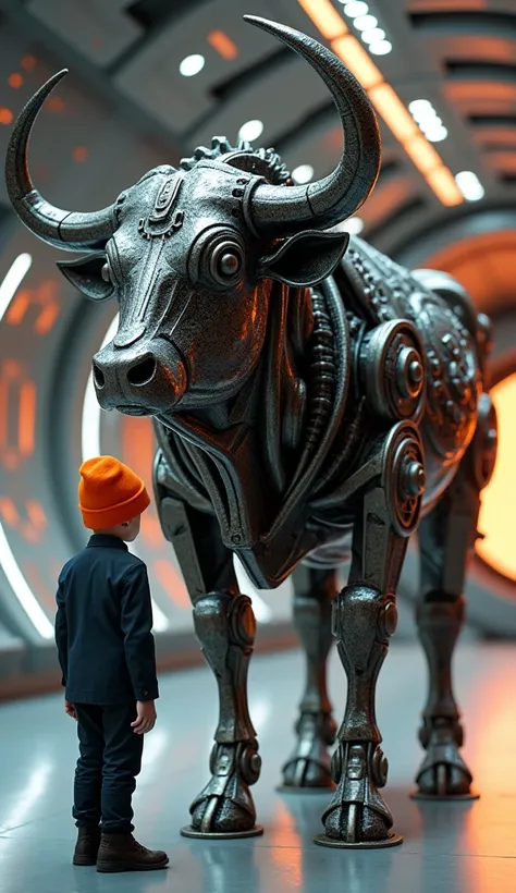 1950s photo. , is a full 16k image of a very stocky bull that is a piece of metal sculpture art. ,Composed of gears and shock absorbers and all kinds of auto parts, ,There was 1 baby boy facing the camera ,, wearing a suit and an orange artist hat with ver...