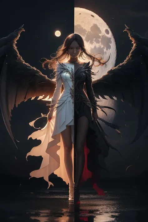 masterpiece,best quality,ultra-detailed,1girl,md symmetrical,solo,full body,(white wing:1.2),(black wing:1.2),night,moon,