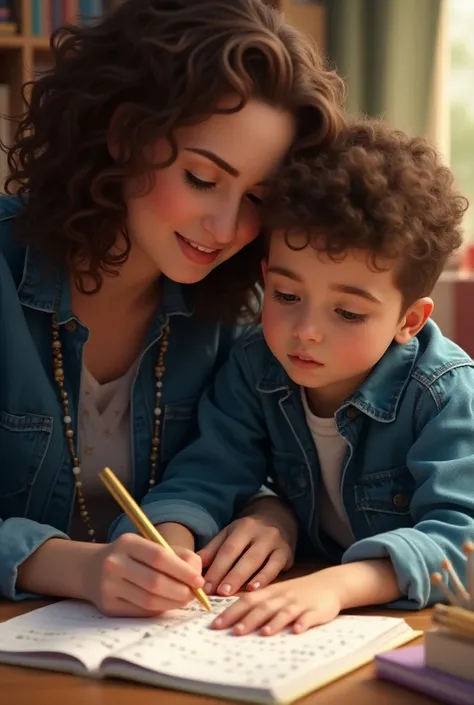 Drawing of a curly-haired brunette teacher with blue flannel teaching blind ren to write in braille using strips and punches 