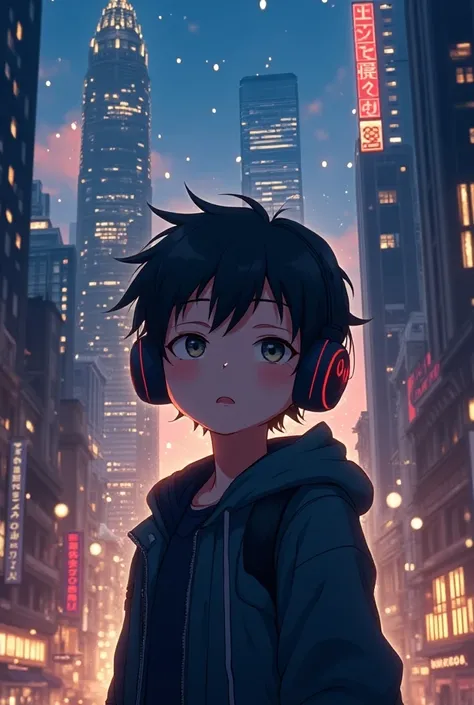 Genrate a picture in anime a boy listening music in city and background are lighting of buildings 