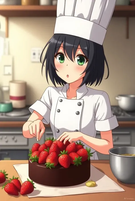 fanart, anime, girl with short black hair , green eyes,  making a chocolate cake with strawberries, dressed as a chef.  with some trace of cream on her face 
