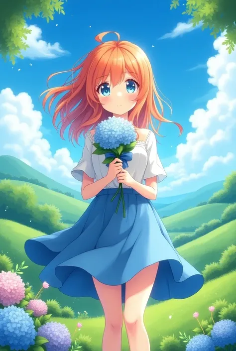 Anime girl, orange long hair, blue eyes, wearing a shirt with a blue bow, a blue skirt, she is holding a bouquet of hydrangeas. Brilliant landscape