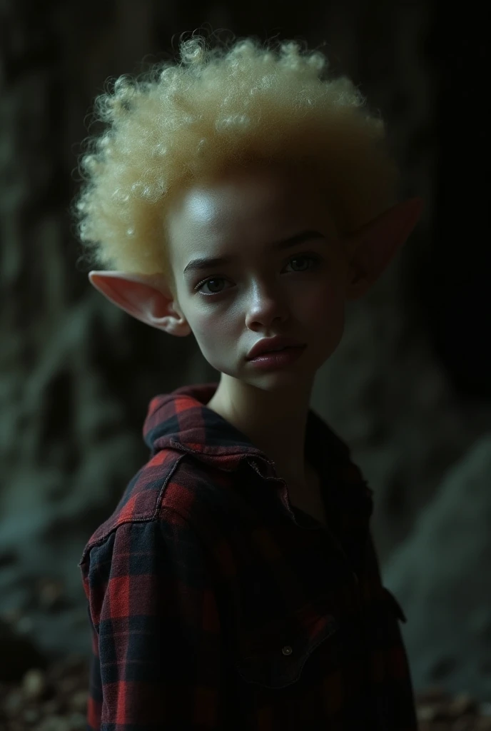 Photograph of an alien woman , (worried facial expression),  textured skin , shiver, blonde afro hair,  plaid flannel shirt with frayed boyfriend jeans , cowboy atirou,  dark and mysterious cave with unique rock formations and hidden wonders, perfect eyes,...