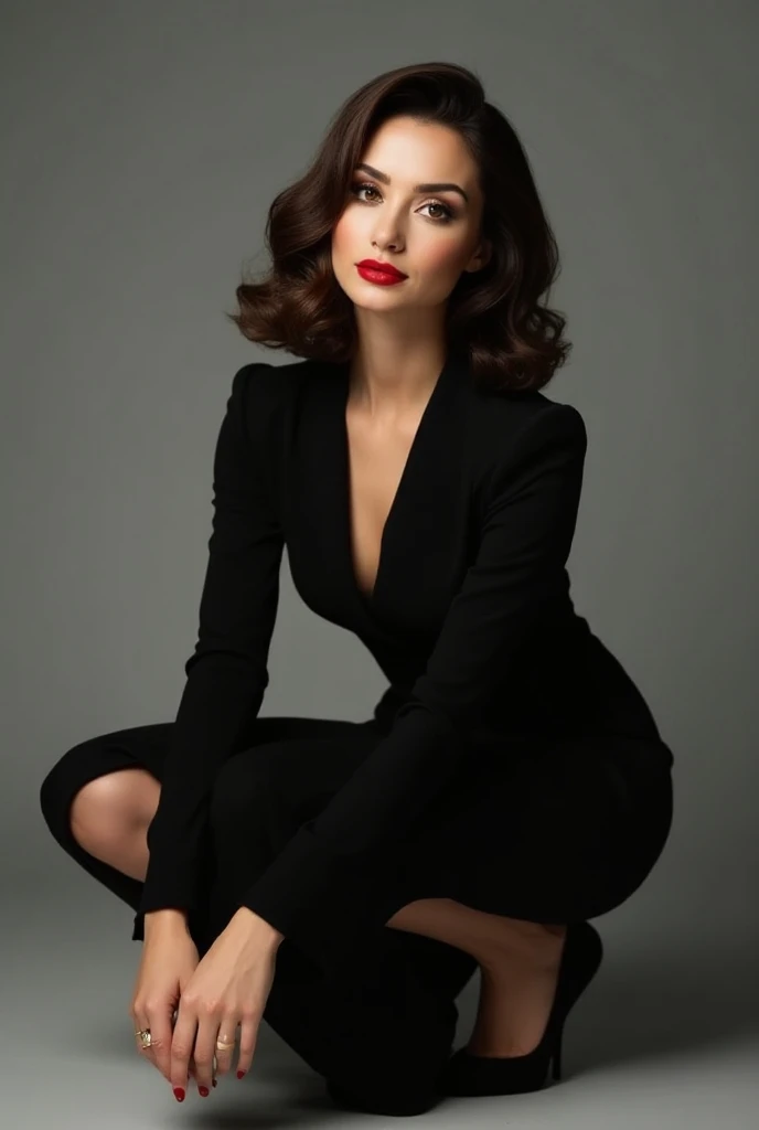 A glamorous shot of a woman in a classic black dress,  posed elegantly while squatting . Her welliges dunkel braunes Haar cascades over her shoulders,  underlines her sophisticated attitude and self-confident expression. The minimalist background focuses a...