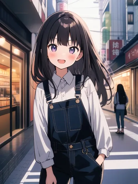 {1girl, solo}, inoue takina, black denim overalls, long jeans, white collared shirt, flat_chest, blush, big smile, tokyo street