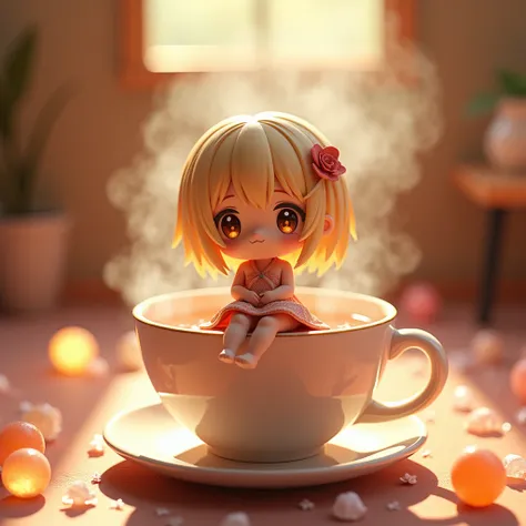 A charming and captivating 3D render of a chibi anime character, seated elegantly atop a large mug filled with steamy tea. The adorable figure has light blond hair and expressive brown eyes, exuding warmth and sincerity. The floor beneath is adorned with s...