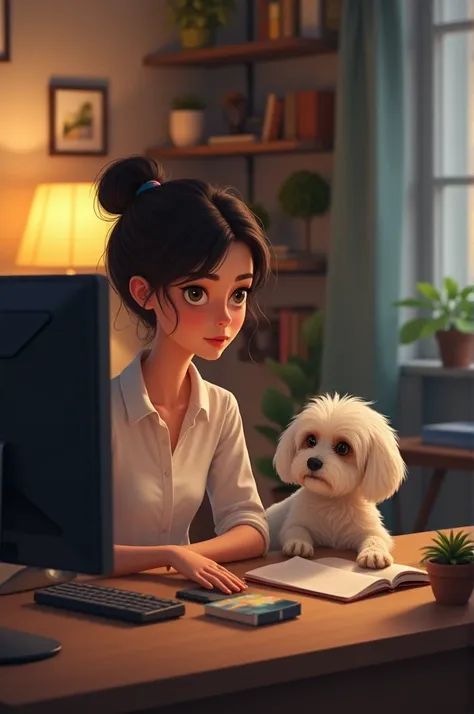 Young woman sitting at desk in living room with computer and habaneswrhund in the background