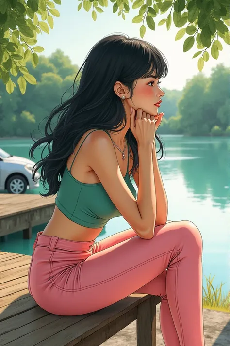 A watercolor portrait of a black-haired girl resting her chin in her palms, adorned in a jade green crop top and a flamboyant blush leggings, perched at a rustic wooden table by a serene lake, a compact car parked in close proximity, horizon, water reflect...