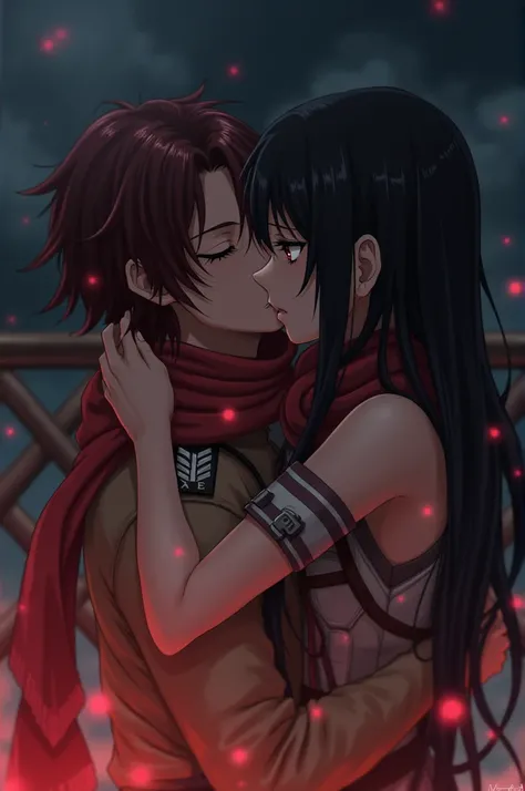 A cute male anime character with long, dark red hair and bright, sparkling red eyes. He is wearing an Attack on Titan cadet uniform and is unconscious, gasping for air in the arms of a girl. The girl has long, dark black hair and black eyes, and she is als...