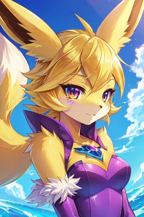 a close up of a pokemon character in a yellow and purple outfit, renamon, glamorous angewoman digimon, portrait of zeraora, digimon key art, sfw version, digimon, buizel and human fusion, mega legendary, vivy, digimon anime key art, merge, similar to pokem...