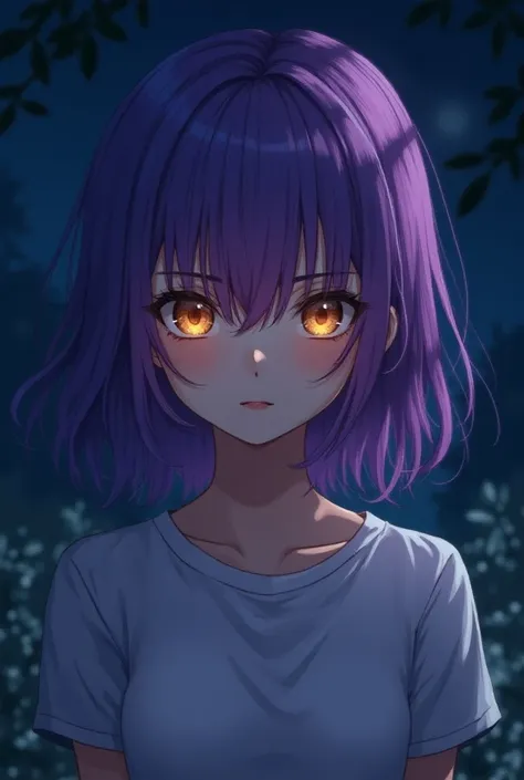 Anime girl in night  with purple hair and yellow eyes wearing t shirt 


