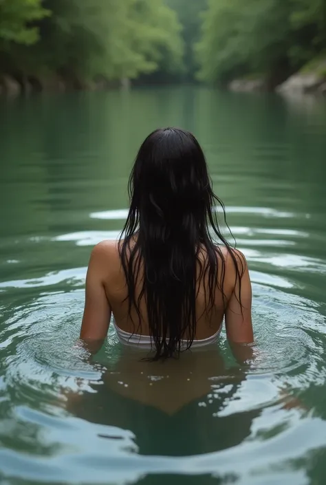 (Women), French, alone, woman with long hair, photo (medium shot), Swimming in the river ,  high definition ,  the back half of the head in the water, Wet clothes, photo, Close up (Realistic. photo, high quality,  best quality : 1,55),