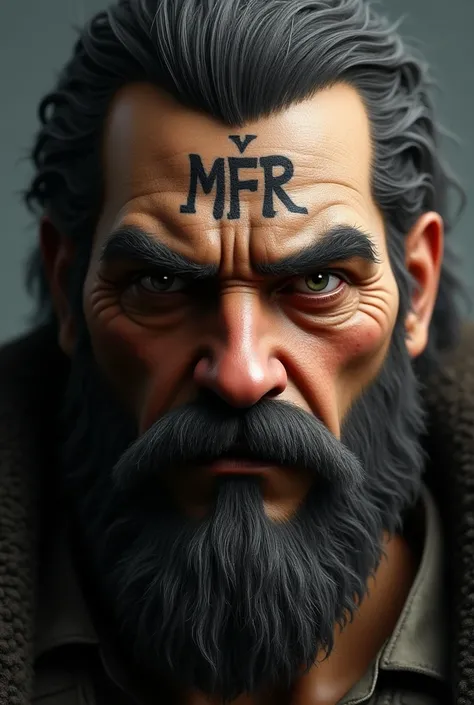 CREATE A 3D IMAGE OF A KING WITH A MUSTACHE AND BEARD, ONLY ONE FACE TATTOO ON THE PAGE IS MFR.