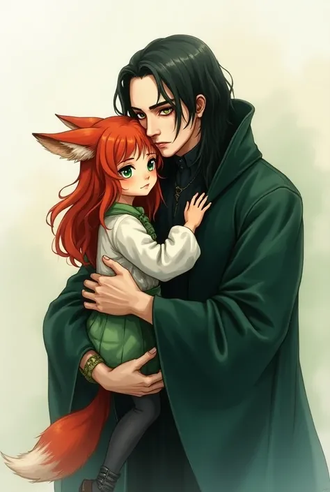 Severus Snape is holding a red haired green eyed girl with fox ears and tail, anime style, watercolor, dreamy