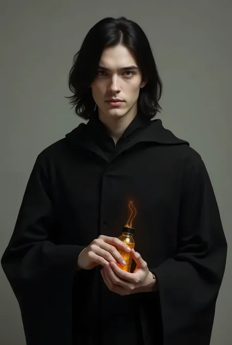 Severus Snape ，18 years old， young handsome English man ，Black long hair，Black wizard robe ，thin， holding a golden blessing agent，Fine-brush photography