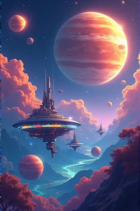  View of a colorful and welcoming outer space ,  with vibrant planets and floating space stations.  The graphics have a futuristic style , but with friendly details e is . 