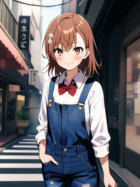 {1girl, solo}, misaka_mikoto, denim overalls, long jeans, white collared shirt, flat_chest,  red_bowtie, blush, big smile, tokyo street