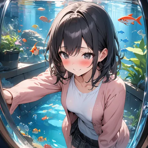 
(Best Quality),(masterpiece),(Super detailed),( Perfect Anatomy),(Perfect hands),One Girl、Black Eyes、(Short black hair)、smile、blush、Small breasts,cardigan and light pink t-shirt,black plaid mini skirt,Thighs、aquarium