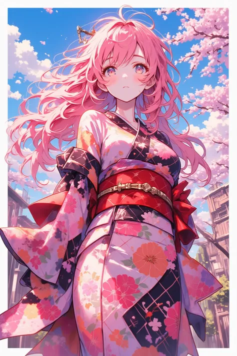 straight on, looking at viewer, ((realistic)), ((((pink)))), (((red))), ((black)), ((blue sky)), (floral print diamond pattern kimono, sash), ((long messy flowing pink hair)), standing, (((arms behind back))), ((cherry blossoms)), (pale skin tone), (red li...