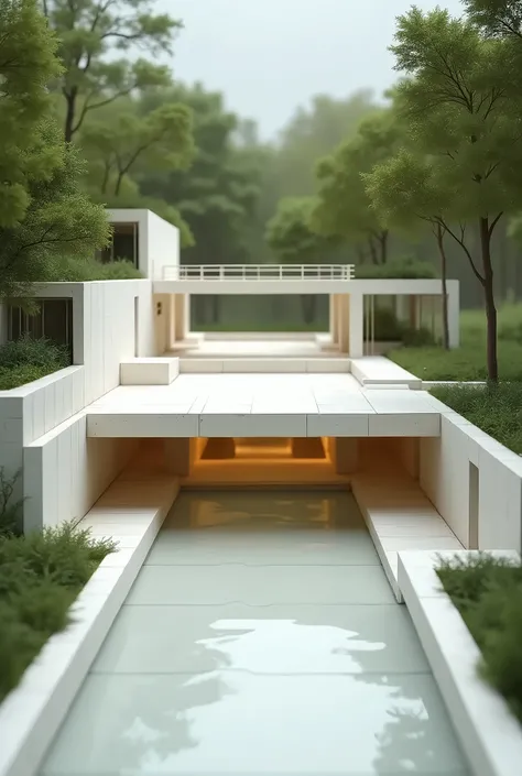  A model containing ,  depressed space , bridge, double height , that is set in a park and in the style of the architect Tadao Ando that has no walls 