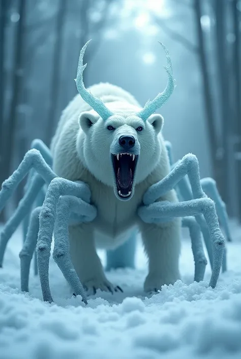 Fusion between a polar bear and a spider ,  is in a frozen forest with its mouth open.  It has half a body and legs like a spider . Upper body,  its head and arms are those of polar bears. It has cool ice horns 