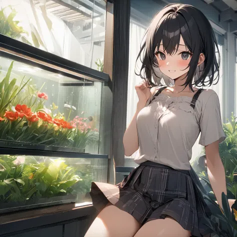 
(Best Quality),(masterpiece),(Super detailed),( Perfect Anatomy),(Perfect hands),One Girl、Black Eyes、(Short black hair)、smile、blush、Small breasts,brown cardigan and light pink t-shirt,black plaid mini skirt,Thighs、aquarium