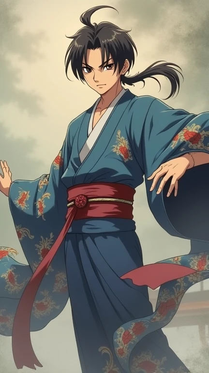 Young male character with black hair slicked back, dark brown eyes, wearing a blue kimono with a goldfish print, demon slayer anime style