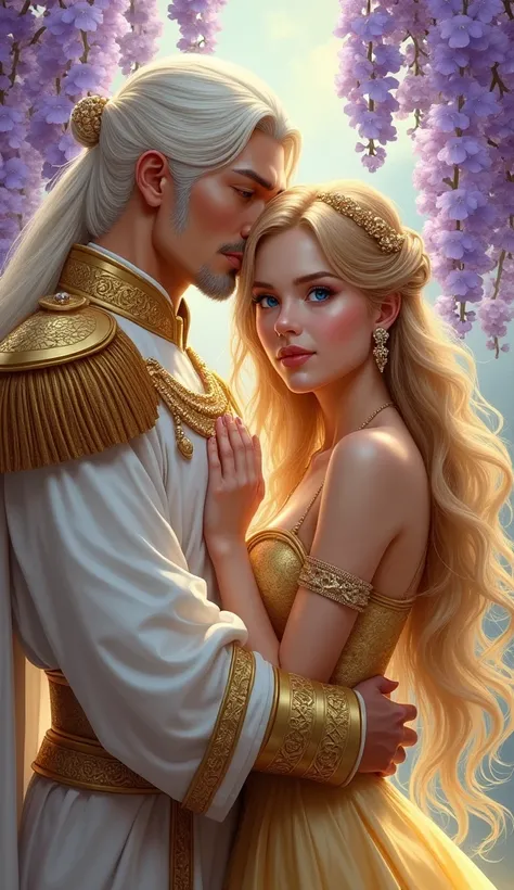 Draw a pair for the book cover. An incredibly beautiful young blonde woman, 160 cm short, with long golden hair, dressed in a beautiful hairstyle decorated with a tiara and jewelry, long bangs, she has blue eyes, she is gentle, sexy, attractive, exciting a...