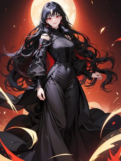 anime woman, red eyes, black hair, wavy long hair. wear black dress, noble, Background in luxurious mansion. she happy and carefully