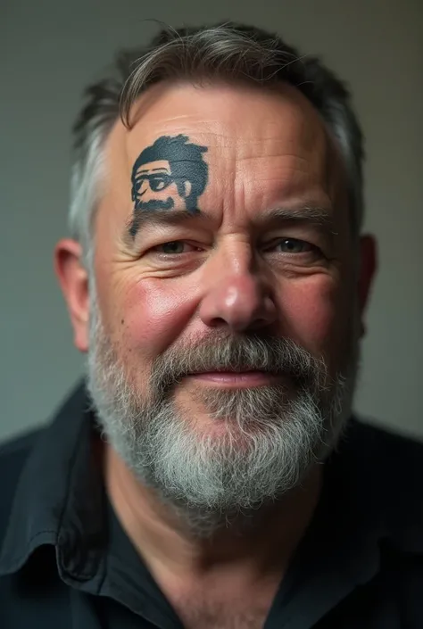   Create me a hyper-realistic photo of a tattoo of a Playmobil head juxtaposed on the face of a 45-year-old man, A bit plump , bearded, grisonnant.