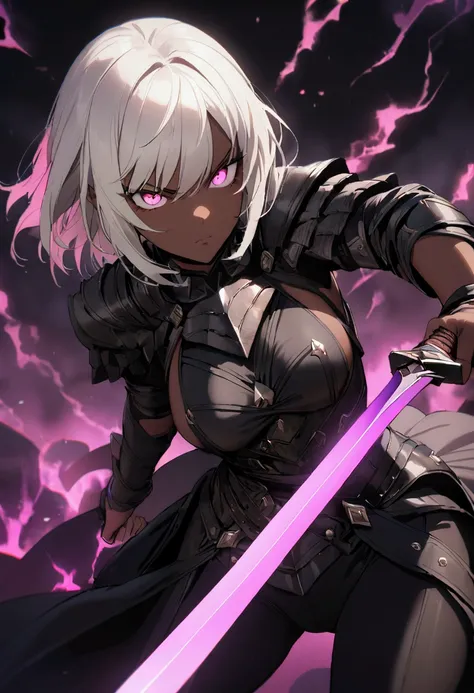 1 girl, brown skin, beautiful, cinematic, epic, dark warrior, white hair, short hair, action pose, serious face, tight clothes, masterpiece, close up, glowing effect, dark aura, black leggings, tight black robe, holding 1 daggers in each hand, daggers cros...