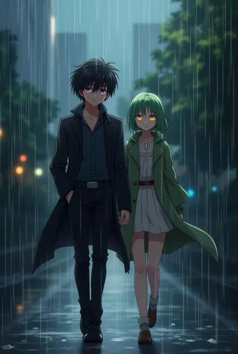 Anime couple ,Anime man ,lelouch lampeourge  ,short black hair,pruple eyes   with anime woman, CC, Code Geass, long green hair, yellow eyes,  دقة عالية  دقيق ،عمل رائع انيمي ، يمشيان تحت المطر ،