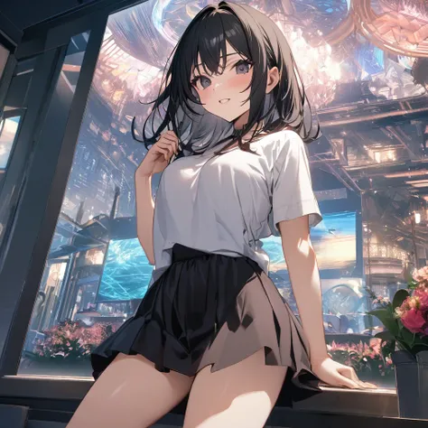 
(Best Quality),(masterpiece),(Super detailed),( Perfect Anatomy),(Perfect hands),One Girl、Black Eyes、(Short black hair)、smile、blush、Small breasts,(brown cardigan and light pink t-shirt:1.1),black plaid mini skirt,Thighs、aquarium