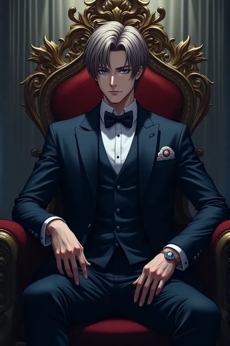 A 28 young adult man, handsome, with straight short hair, brownish-light grey color, dark blue eyes, fair skin, no expression. Wearing expensive navy suit. He sits on a throne. His hair is covering his forehead. Dark aesthetic. Semi-realisn combine with an...