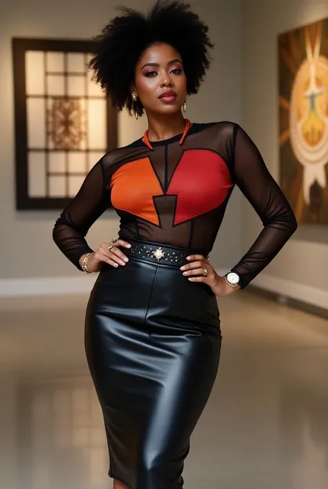 An hourglass-shape Black woman in a figure-hugging, long-sleeve mesh top with a bold geometric print in reds and oranges, paired with a high-waisted leather pencil skirt in black and pointed-toe pumps. She’s accessorized with a studded belt and sleek gold ...