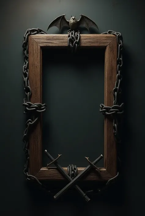 Wooden square frame with a heavy chain wrapped around the sides, a pair swords crossed along the botton quarter, demon claws holding on to the frame, digging in, a vampire bat inlayed at the top, no image inside