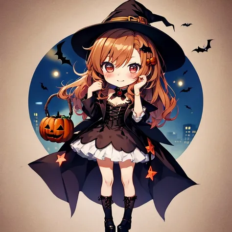 (Chibi:1.5), Full Body, alone, witch, Halloween,  trick or treat, (masterpiece), Best Quality, 1 girl, Misaka Mikoto