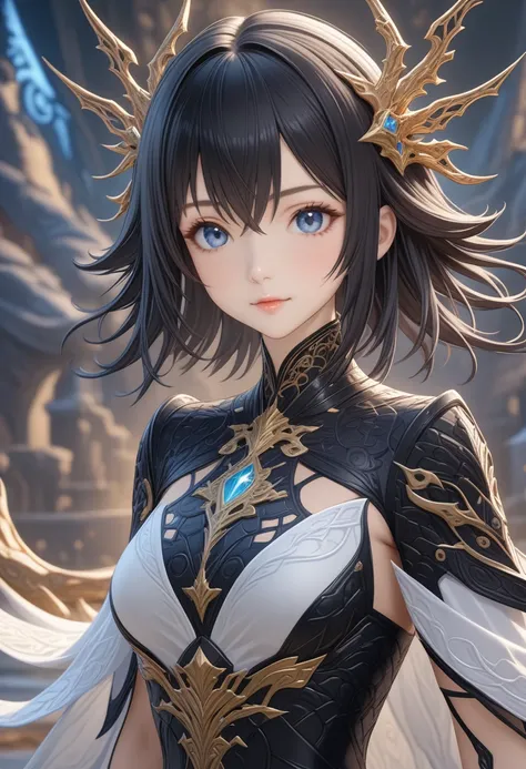 visual detail, high detailed,style_ethereal_fantasy,visual appealing,synced,intricate character design,mystica,tareme,black hair,medium hair,hair between eyes,blue eyes