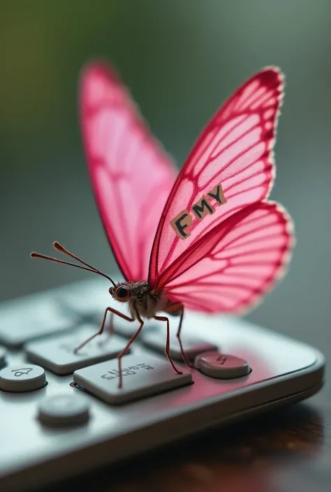 Pink butterfly sitting on a calculator with a sign on the back with the inscription "Emy " in capital letters 