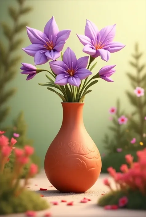 there is a tall vase with purple flowers in it, vase with flowers, stylized vegetation, vase, vase work, designed in blender, made in maya and photoshop, product design render, high-quality render, rendered with blender, clay render, ceramic pot, vase of f...