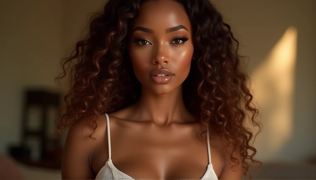 ( best quality,4K,high resolution, high resolution face details), Bina ,  30-year-old African American ,  with long curly brown hair, portant une chemise blanche boutonnée, instagram model, Natural chest 32DD , faux cils, fake lips, dark makeup, peau parfa...