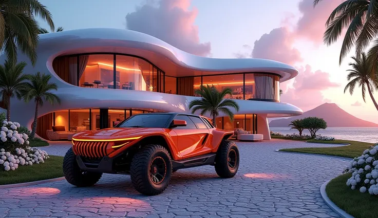 a futuristic house (with detailed kitchen, living rooms, and bedrooms),with a neon orange and black jeep with big tires parked in front of it,a rough cobble stone driveway. cgsocietywlop, beautiful curves, intricate devilish designs, qualia, interesting sh...