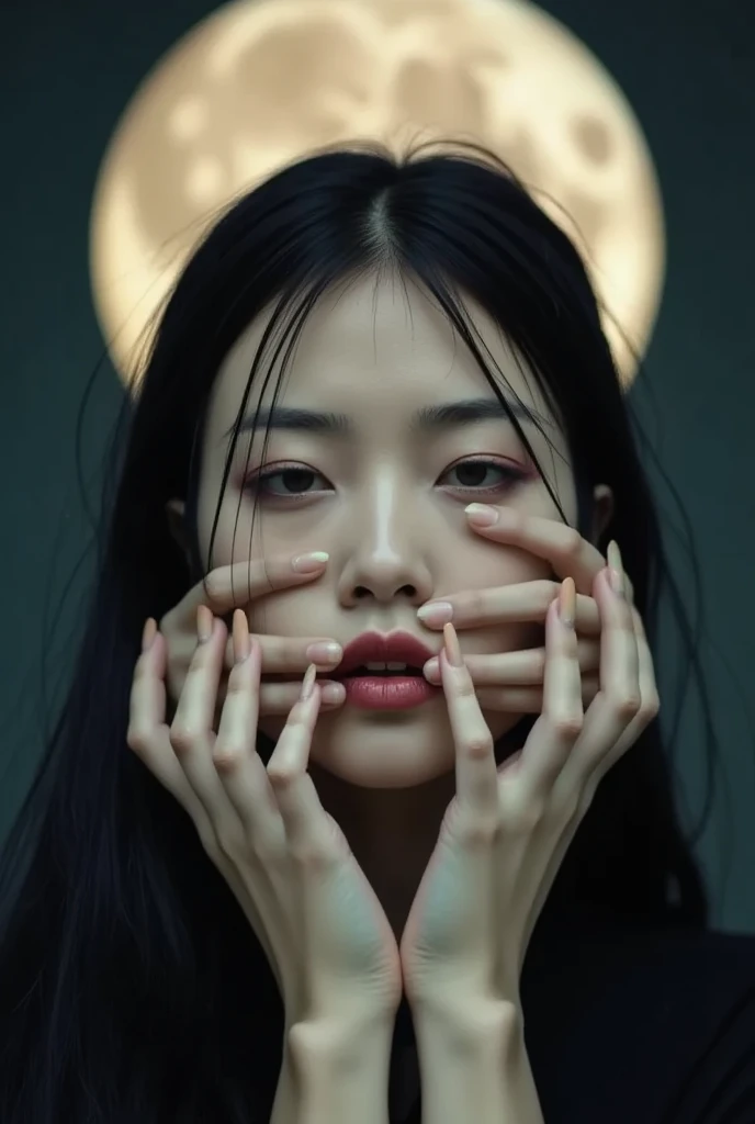 Hands_on_face, a Japanese vampire woman, pale hands crawl across her face, gripping her tightly under a glowing full moon. (multiple hands on face, covering face)